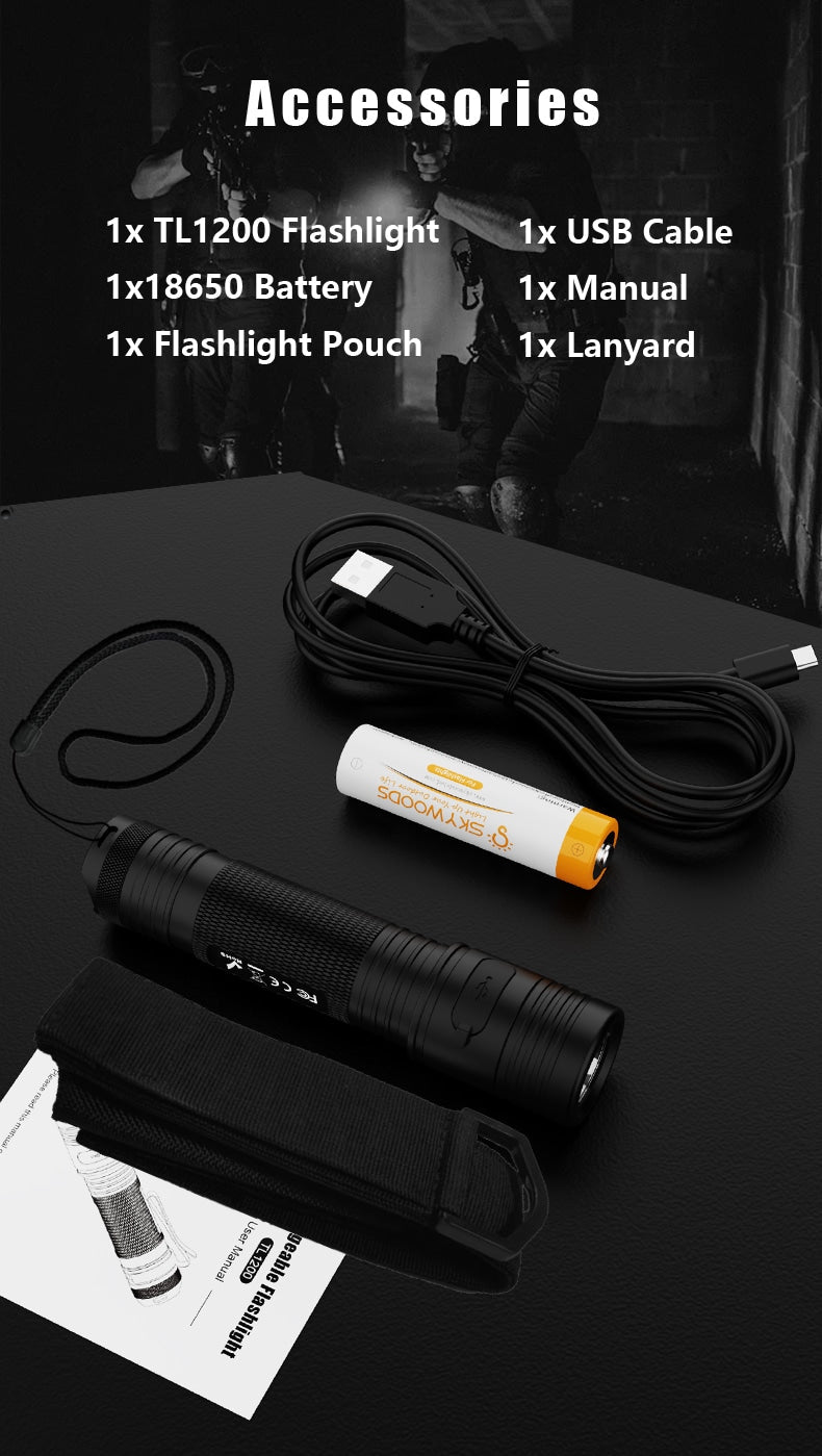 Variant Flashlight Skywoods 1200 Lumen Tactical Light | TL1200 Rechargeable Flashlight ...