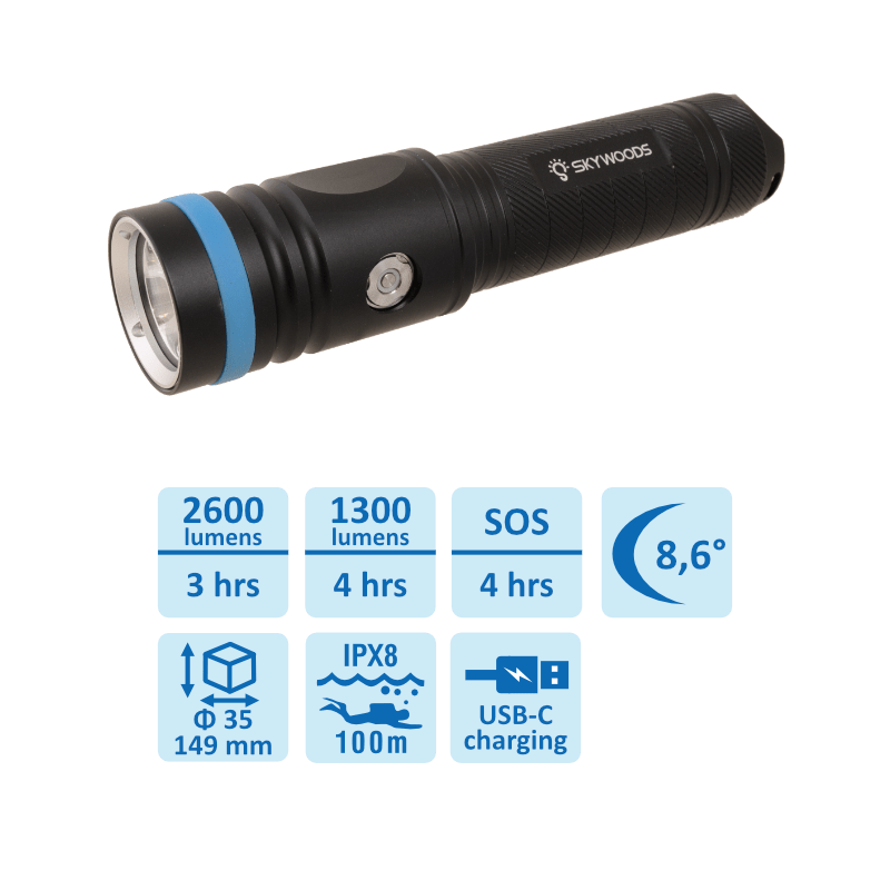 Skywoods 2600 Lumen Professional SCUBA Dive Torch D7 Nova
