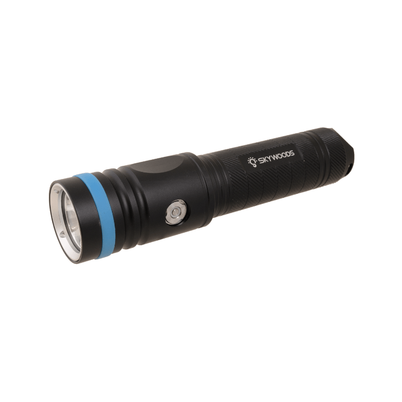 A black Skywoods 2600 lumen professional SCUBA dive torch with a blue band, single button control, and a forward - facing beam lens.