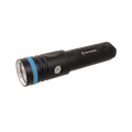 A black Skywoods 2600 lumen professional SCUBA dive torch with a blue band, single button control, and a forward - facing beam lens.