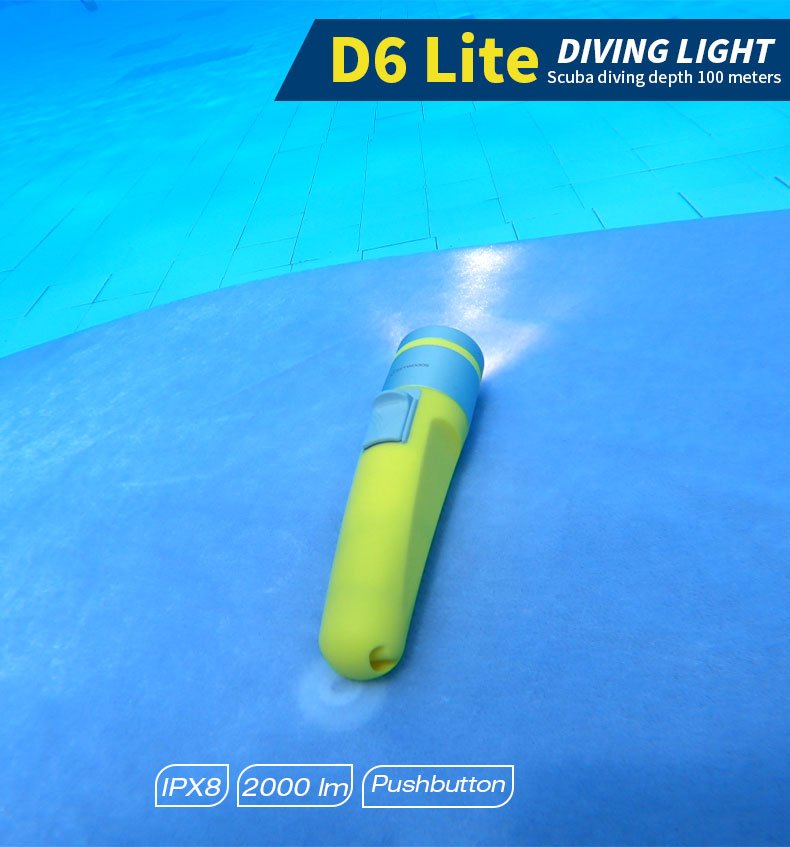 Skywoods D6 Lite 2000 Lumen Dive Torch | Travel Friendly SCUBA Light
