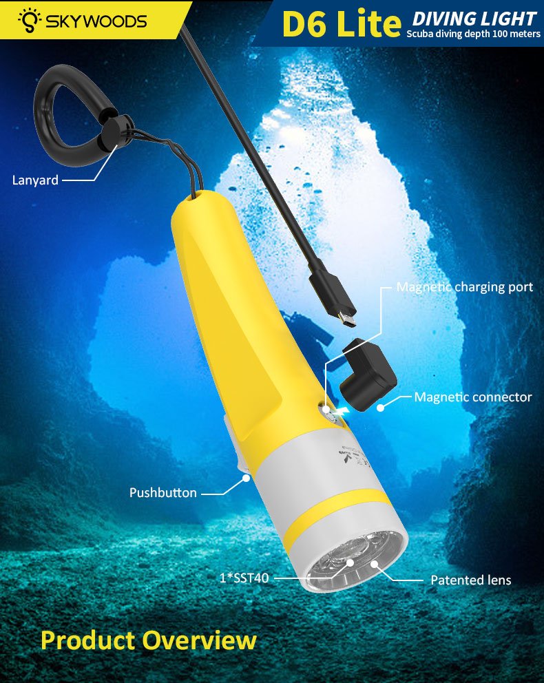Skywoods D6 Lite 2000 Lumen Dive Torch | Travel Friendly SCUBA Light