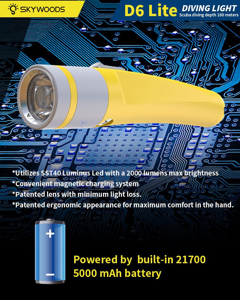 Skywoods D6 Lite 2000 Lumen Dive Torch | Travel Friendly SCUBA Light