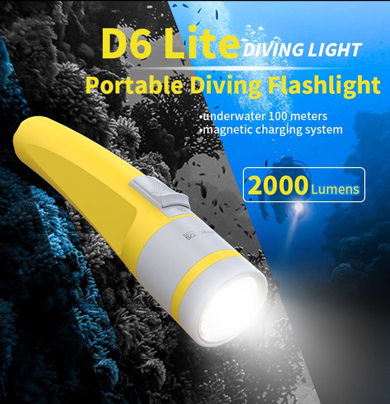 Skywoods D6 Lite 2000 Lumen Dive Torch | Travel Friendly SCUBA Light