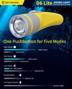 Skywoods D6 Lite 2000 Lumen Dive Torch | Travel Friendly SCUBA Light
