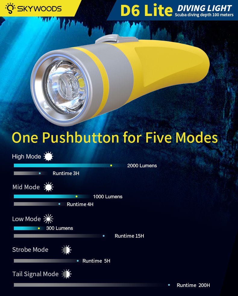 Skywoods D6 Lite 2000 Lumen Dive Torch | Travel Friendly SCUBA Light