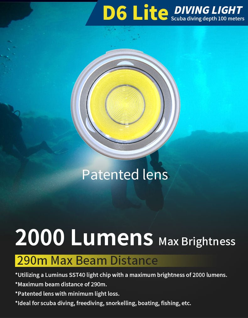 Skywoods D6 Lite 2000 Lumen Dive Torch | Travel Friendly SCUBA Light