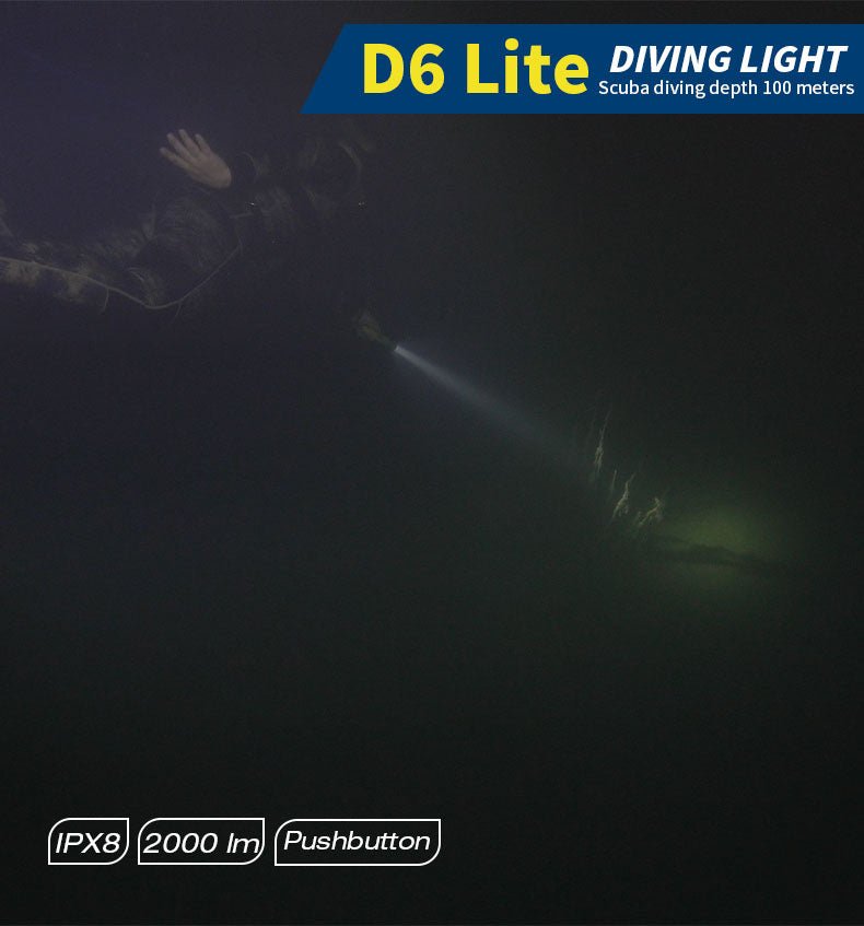 Skywoods D6 Lite 2000 Lumen Dive Torch | Travel Friendly SCUBA Light