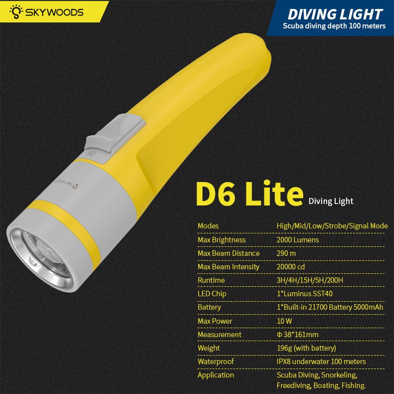Skywoods D6 Lite 2000 Lumen Dive Torch | Travel Friendly SCUBA Light