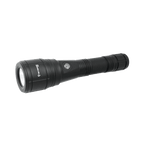 A black Skywoods D6S 1400 Lumen Zoomable Dive Torch with a visible LED light at one end and a power button mid - way along the body.