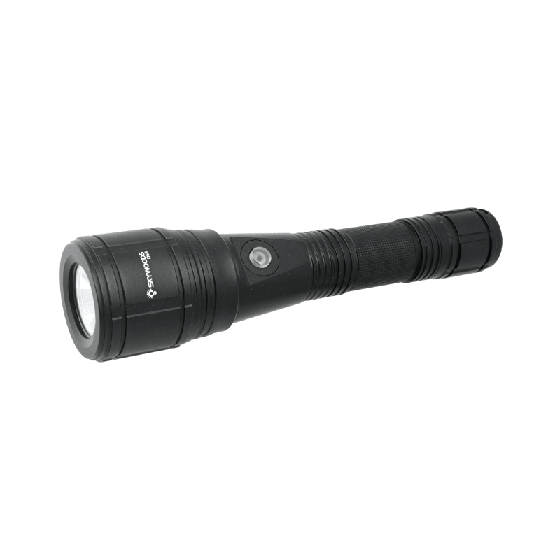 A black Skywoods D6S 1400 Lumen Zoomable Dive Torch with a visible LED light at one end and a power button mid - way along the body.