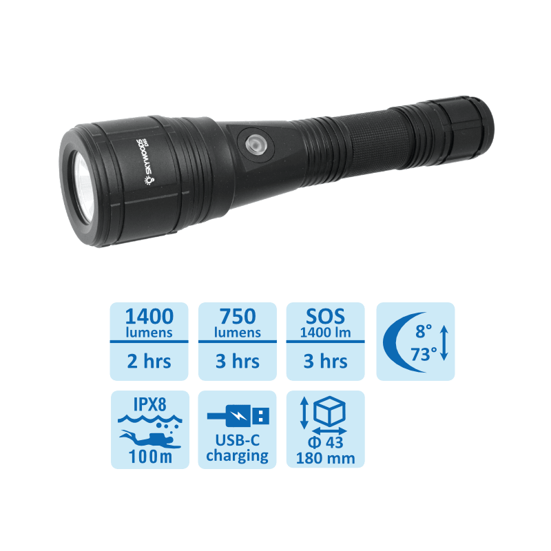 Skywoods D6S 1400 Lumen Zoomable Dive Torch