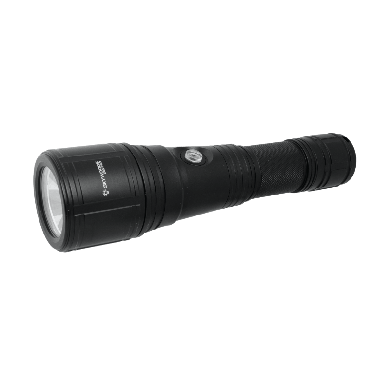 A black Skywoods D6S Pro 3000 Lumen Zoomable Dive Torch with a visible beam lens at one end and a power button with LED indicator on the body.