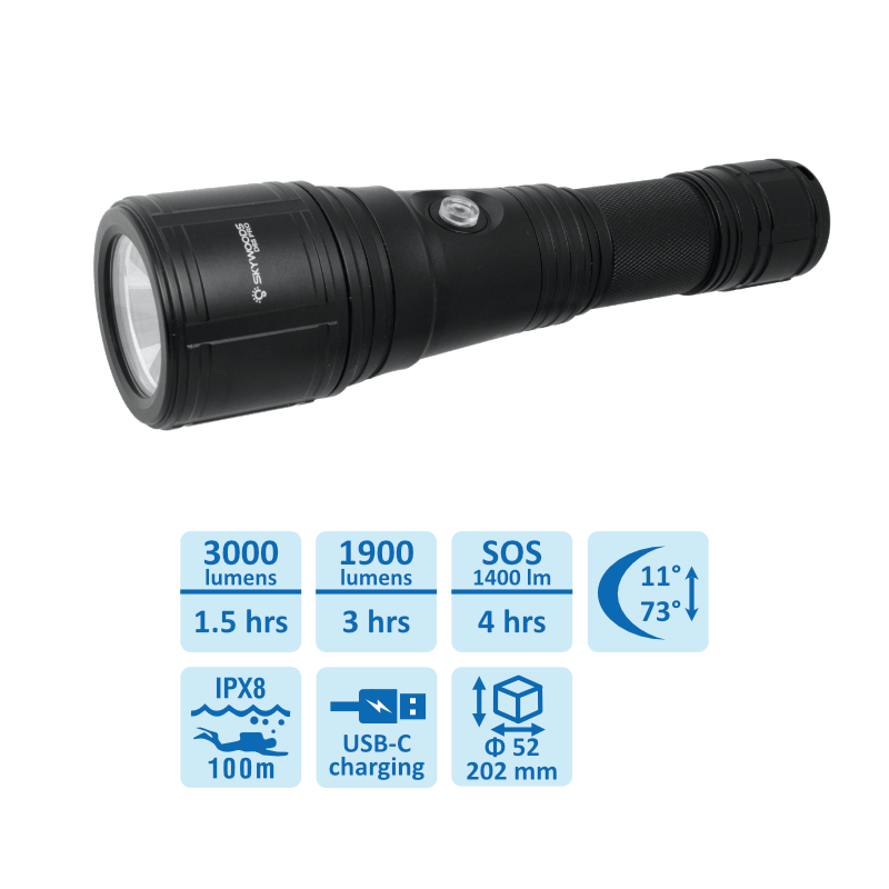 Skywoods D6S Pro 3000 Lumen Zoomable Dive Torch | SCUBA Light